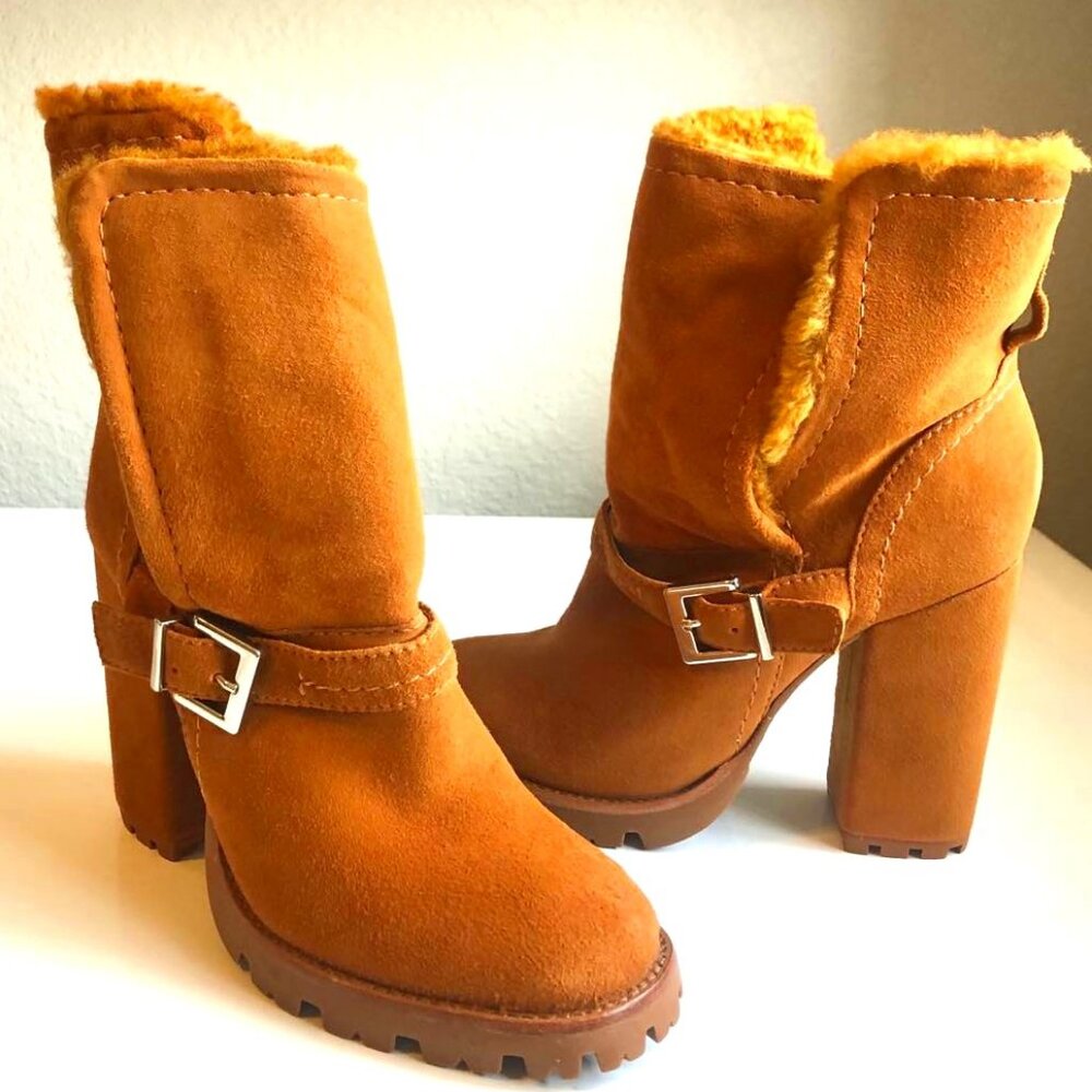 NWT SCHUTZ Suede Shearling Lined Block Heel Ankle Booties Chestnut Tan SZ 7.5